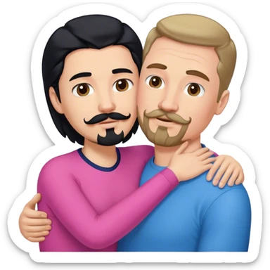 Tall white man with brown mustache goatee wearing blue, AND a short pale woman with long black hair wearing pink, hugging sticker