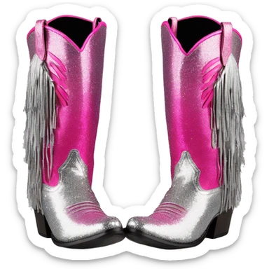 Realistic hot pink to silver ombre pair of fashion cowgirl boots with sparkly shiny glitter fringe on them. sticker