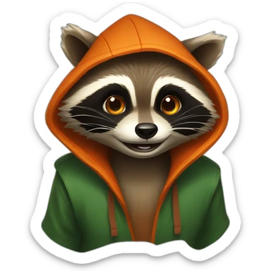 brown raccoon with orange eyes and a dark green hood that is laughing sticker