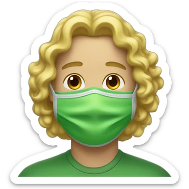 A man with a long and blonde curly hair warning a green mask sticker