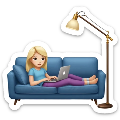 A girl is working with a laptop while lying on a sofa, with a floor lamp to the right. sticker