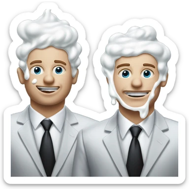 Two men covered in yogurt wearing black suits with yogurt on both of their heads, and more yogurt on their suits, but white skin sticker