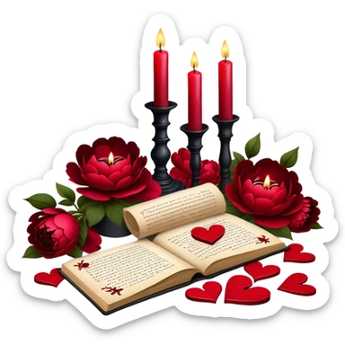 A mystical still life with blood-red candles casting flickering shadows over scattered love letters, their ink smudged with passion. Crimson butterflies rest on blackened crosses, while lush red peonies and pansies bloom in the dim candlelight. sticker