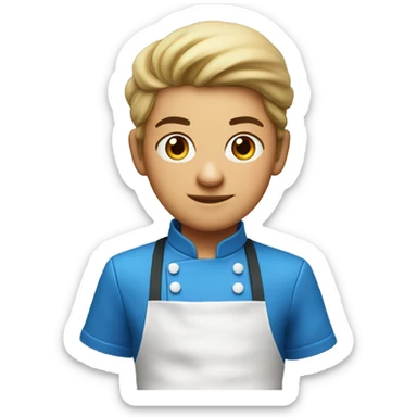 A cool looking young chef with a cap, and apron, blue clothes, Chef's hair tied back with an hair band sticker