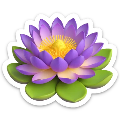 Realistic purple lotus flower with detailed petals, yellow stamens, and green lotus pad sticker