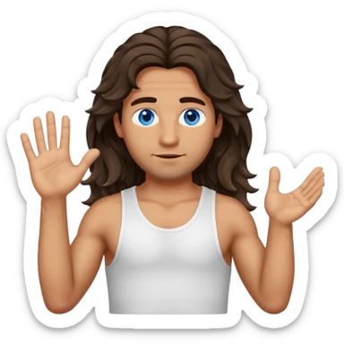 Men with olive skin, blue eyes, brown dark insanely wavy long hair, white camisole, left hand palm up crossing arms in front of face sticker