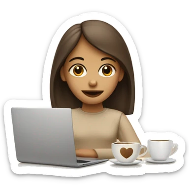 Half face of a girl at the laptop. A a cup of coffee on the left side of the table. Books on the right side. in beige tones sticker