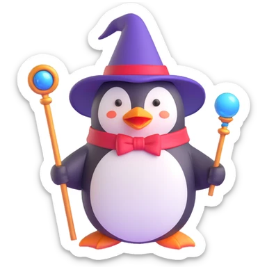 penguin dressed as a wizard, wearing a pointed hat and holding a magic staff, magical atmosphere sticker