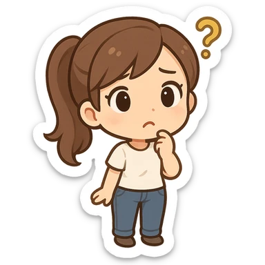 small cartoon woman with a ponytail, dressed in a white t-shirt and jeans, looking confused sticker