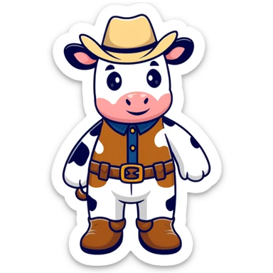 Cow with cowboy boots and a hat sticker