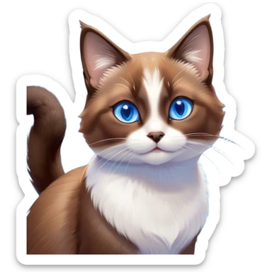 Cinematic Cute Brown Mantle Snowshoe Cat Portrait Emoji, Head tilted playfully and inquisitively, rich brown fur cascading over its back like a mantle, with soft white paws, chest, and face, striking icy-blue eyes brimming with curiosity, Simplified yet irresistibly adorable features, highly detailed, glowing with a warm, friendly glow, high shine, affectionate and lively, stylized with a touch of whimsy, bright and endearing, soft glowing outline, capturing the essence of a mischievous yet loving kitten, so playful it feels like it could pounce out of the screen and into your arms! sticker