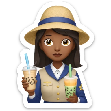 A Mysterious Elderly Female with Dark skin and Straight hair, wearing a Uniform outfit, a Sunhat, No glasses, carrying a Enchanted staff, working as a scientist, while drinking Bubble tea and reading a Journal. sticker