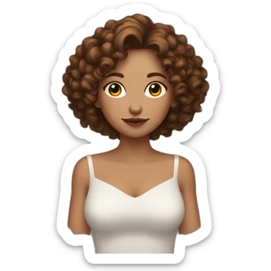 white woman-designer with brown curly hair, wears Off Shoulder Batwing Tank shows heart with her hands sticker