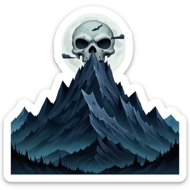 A dark and evil mountain range with a creepy moon and clouds over head. In the style of your bleeding skull art sticker