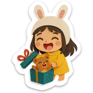laughing chibi cute girl with a bunny hat unwrapping a magical glitter gift box with a small laughing teddy bear inside the gift box, full body, clean and polished, no imperfections, paper-craft style sticker