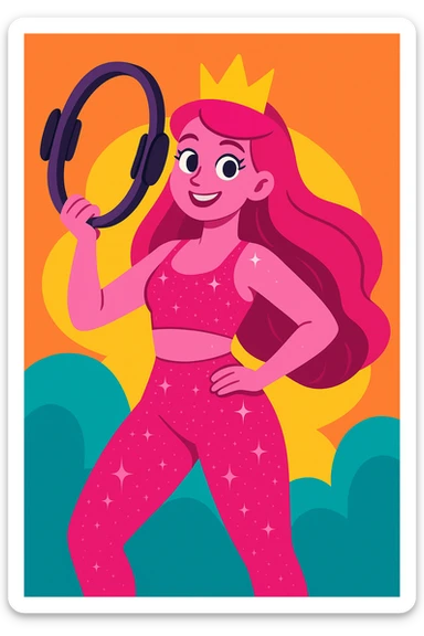 pink pilates princess holding a pilates ring, sparkly pink outfit, long hair, vibrant toon style sticker