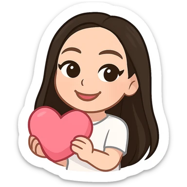 Create a chibi sticker of the girl from the reference image with long hair as shown. She is holding a pink heart and smiling, in 3D bitmoji chibi style with a white outline and transparent background. sticker