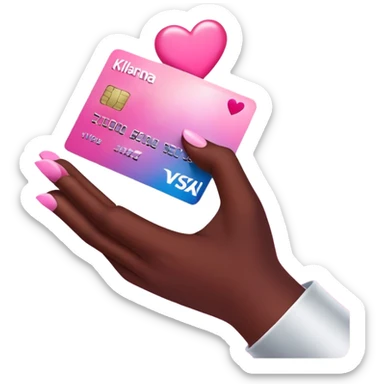 Klarna Baddie” Emoji Icon  A dark-skinned hand holding a credit card labeled “Klarna 3x” with sparkles and hearts. Background in Mocha + Pink gradient. sticker