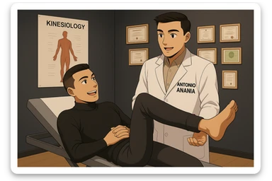 su questo lettino rappresenta un webtoon manga a colori con questo stile, in cui un uomo è steso sul lettino medico e il kinesiologo con il camice bianco (fagli anche la scritta "ANTONIO ANANIA" SUL CAMICE, gli solleva una gamba per fargli il test neuromuscolare, IL KINESIOLOGO SPIEGA ALL'UOMO UNA cosa mentre gli alza la gamba. l'espressione dell'uomo è felice e soddisfatta, non fare i fumetti però, fai solo in modo che sembri stiano parlando sticker