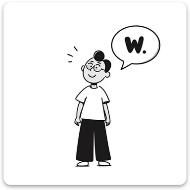 smiling Hispanic boy with black buzzcut, no facial hair, speech bubble with 'W' sticker