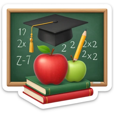 An icon featuring a chalkboard with educational equations, an apple, and a pencil, symbolizing pedagogy. The design includes a stack of books and a graduation cap, representing teaching and learning. Transparent background highlights the dedication to education and mentorship. sticker