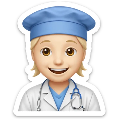iPhone emoji style smiley face with a huge, exaggerated grin, in a white lab coat and blue surgical cap sticker