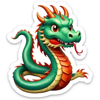 Cinematic Comical Chinese Serpent Dragon Portrait Emoji, Head tilted dramatically with an exaggeratedly amused expression, featuring a sleek, serpentine form adorned in luminous jade and vermilion scales interlaced with playful cloud and water accents; rendered with vibrant, lifelike textures and dynamic natural shadows, high shine, playful yet wise, styled with an air of cheeky ancient mystique, soft glowing outline, capturing the essence of a spirited and humorously enigmatic celestial dragon that looks ready to spiral into legendary lore! sticker