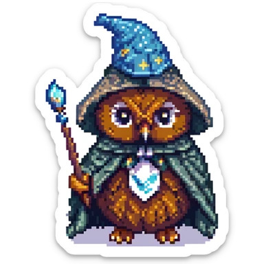 cute pixel owl dressed as a wizard with a starry hat and cloak big eyes holding a tiny wand 8-bit style sticker