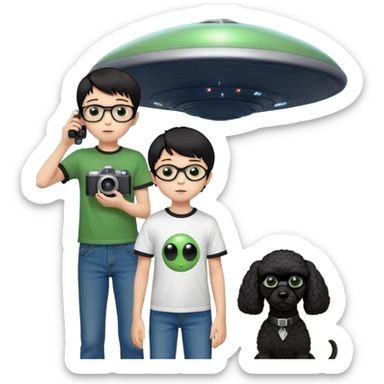 A little boy with straight black medium-length hair, white skin, and black eyes wearing black-framed glasses is taking photos on a UFO with a camera. Beside him, there is an alien and a brown round-headed poodle. sticker
