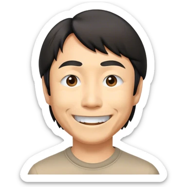 ​Cinematic Realistic Portrait of a Smiling Shigeru Miyamoto, depicted with warm, approachable features, showing a giant smile with expressive eyes, set against a subtle backdrop, inviting lighting that captures his innovative spirit sticker