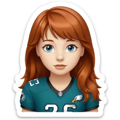Girl with bangs, longer wavy auburn hair and blue eyes 
wearing #26 eagles jersey sticker