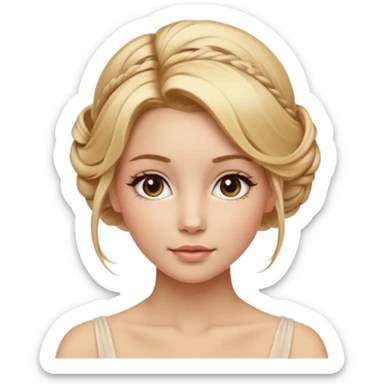 Cinematic Realistic Rococo Portrait, depicted with lifelike skin texture, subtle rosy undertones, and soft natural lighting that enhances the gentle contours of her face. Her intricately detailed golden blonde hair is elegantly styled in an updo, with delicate wisps framing her face.  sticker