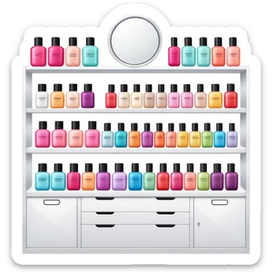 big beauty salon showcase with well-organized brand-labeled beauty products on a white shelves sticker