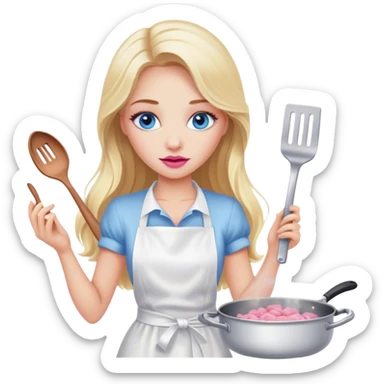 Cinematic realistic beautiful blonde with long hair, blue eyes and pink lips in a white dress cooks sticker