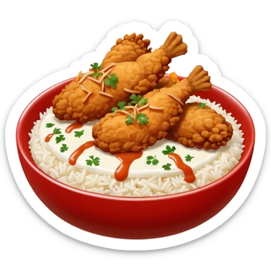 iOS-style food emoji, flat design: round bowl with white rice base, topped with crispy fried chicken pieces, fried onion bits, sweet-and-sour sauce and white sauce zigzag drizzles, finished with parsley flakes, clean shapes, transparent background. sticker