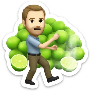 white man with brown hair but not facial hair bending down to pick up many fallen limes on the floor . Make it so there are many limes scattered around the flooor. sticker