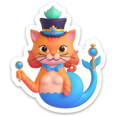 half cat half mermaid with a monocle and a magic wand sticker