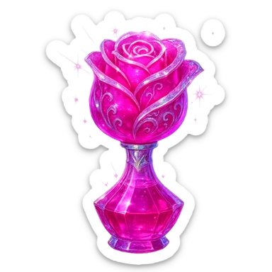 modernus prabangus eliksyro buteliukas, rožės forma, ryški rožinė spalva, holografiniai ir sidabriniai ornamentai, labai mažas kaklelis, skaidrus fonas, vientisas dugnas, be šešėlio, plūduriuoja ore, kolekcijos stilius, stiprūs magiški švytėjimai ir efektai sticker