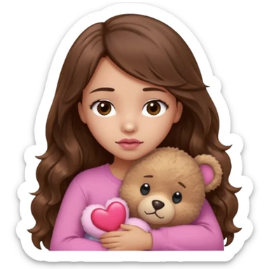girl with long wavy brown hair, brown eyes, light to medium complexion, in a pink shirt, pink lips, long lashes, sad, hugging squeezing  a teddy bear with hearts sticker