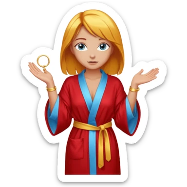 lightly tanned skin, blue eyes, cute and sexy girl with bright yellow-brown hair in a few shades of red robe, golden rings, slight cute makeup, full body, slightly turned aside pose, hands hidden behind back sticker