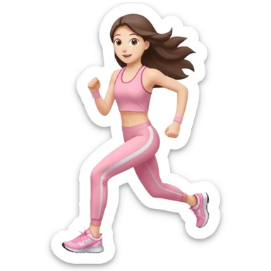 white happy brunette teen long hair with hazel eyes in light pink workout clothes jogging through fiish line sticker