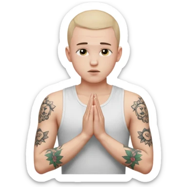 A 20 year old white man with a buzz cut and tattoos all over his arms and chest. Pleading face with hands praying wearing a white tanktop sticker