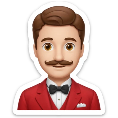 brown haired man with chaplin-mustache and red suit sticker