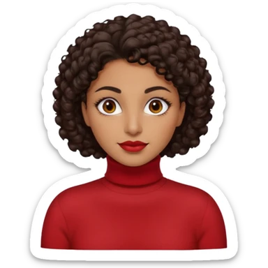 30 yr iranian woman dark brown hair curly wavy short hair, red turtle neck sweater, very thick eyebrows sticker