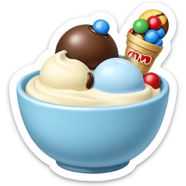 A bowl with ice cream one is vanilla with chocolate an the other one is ligtblue with m&m sticker