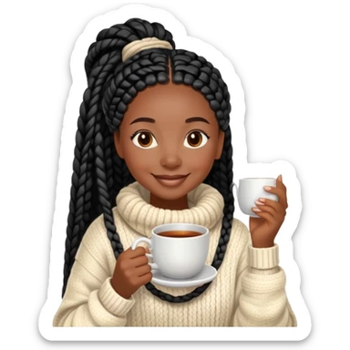 A dark-skinned Black woman with long black box braids, holding a steaming tea cup with both hands, wearing a cozy sweater, smiling. sticker