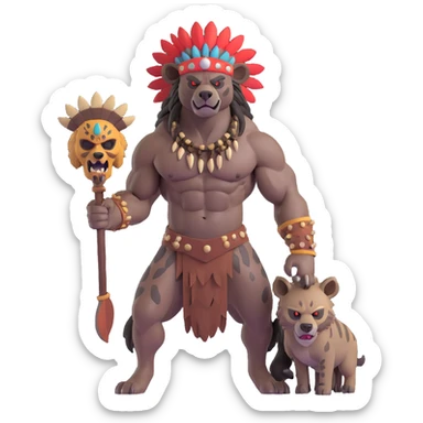 A native strong buff hyena with war bonnet flexing posing full body holding a chopped off human head by the hair  sticker