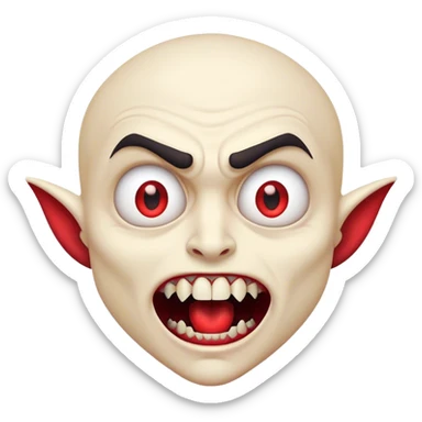 Cinematic Comical Vampire Portrait Emoji, with a sharply stylized, slightly caricatured pale face accented with exaggerated fangs and overly dramatic wide eyes filled with comic shock, head tilted in a hilariously startled pose, simplified yet amusingly detailed, glowing with a soft mysterious glow and a playful outline capturing the quirky humor of a vampire in disbelief! sticker
