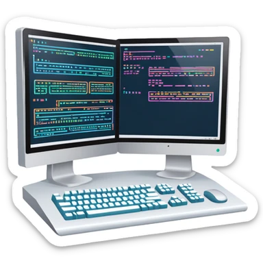 An icon featuring two large monitors filled with colorful code lines, symbolizing programming. The design includes a keyboard, terminal windows, and flowcharts in the background, representing software development, logic, and debugging. Transparent background sticker