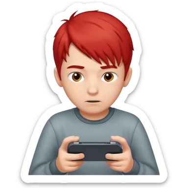 A boy with half gary hair and half red hair playing video game in is mobile  sticker
